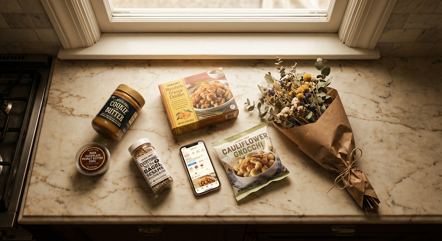 Watercolor illustration of a Trader Joe's shopping haul spread on a table with Hawaiian shirt fabric in the background