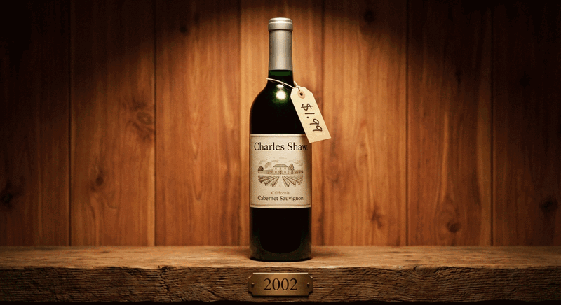 Charles Shaw wine bottle on wooden background with $1.99 price tag